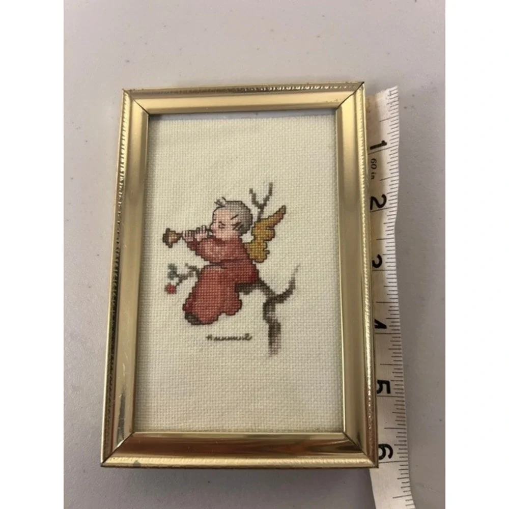 Vintage Hummel Style Framed Cross Stitch Set of 2 Angel & Child Sledding 4x6